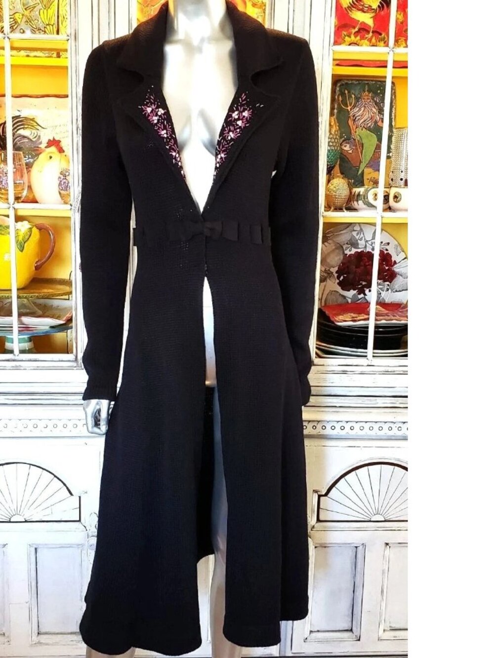 Vintage Betsey Johnson New York Duster Coat Black Sweater Dress Knit Jacket M S - Picture 2 of 14